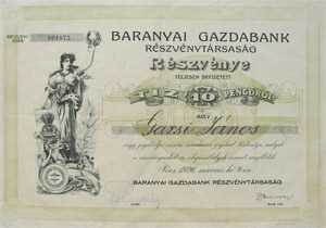 Baranyai Gazdabank Részvénytársaság részvény 10 pengő 1926 Pécs