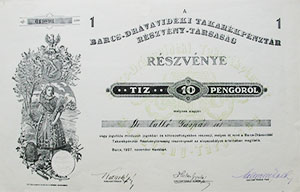 Barcs-Drávavidéki Takarékpénztár Részvénytársaság részvény 10 pengő 1937
