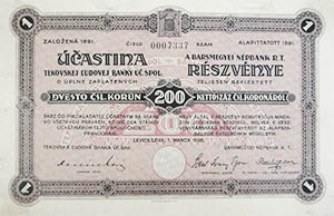 Barsmegyei Népbank Részvénytársaság részvény 200 csehszlovák korona 1928 Léva