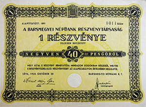 Barsmegyei Népbank Részvénytársaság részvény 40 pengő 1943 Léva