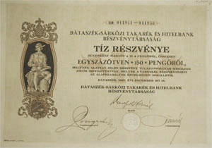 Bátaszék-Sárközi Takarék és Hitelbank Részvénytársaság részvény 10x15 pengő 1927
