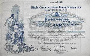 Békésszentandrási Takarékpénztár Részvénytársaság részvény 200 korona 1907