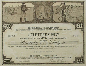 Békéscsabai Kisgazda Bank és Hitelszövetkezet üzletrészjegy 200 korona 1921