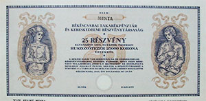 Békéscsabai Takarékpénztár és Kereskedelmi Részvénytársaság részvény 25x1000 25000 korona 1923