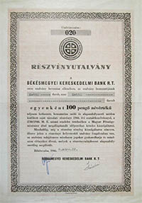 Békésmegyei Kereskedelmi Bank Részvénytársaság részvényutalvány 2x100 pengő 1946 Békéscsaba