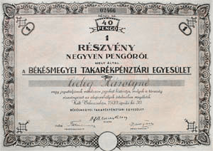 Békésmegyei Takarékpénztári Egyesület  részvény 40 pengő 1939