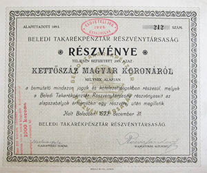 Beledi Takarékpénztár Részvénytársaság részvény 200 korona 1922 Beled