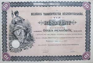 Belvárosi Takarékpénztár Részvénytársaság 10x50 pengő 1926