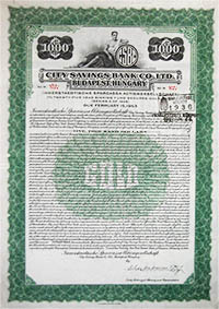 Belvárosi Takarékpénztár Részvénytársaság arany kötvény 1000 usa dollár 1928