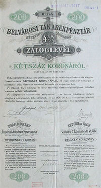 Belvárosi Takarékpénztár Részvénytársaság záloglevél 200 korona 1896