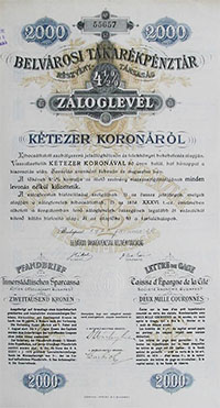 Belvárosi Takarékpénztár Részvénytársaság záloglevél 2000 korona 1921