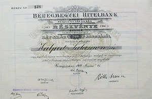 Beregmegyei Hitelbank Részvénytársaság részvény 200 korona 1910 Beregszász