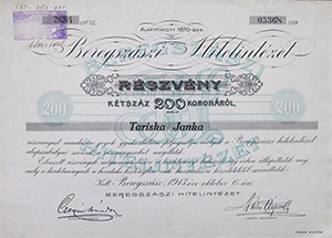 Beregszászi Hitelintézet részvény 200 korona 1913