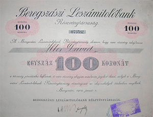 Beregszászi Leszámitolóbank Részvénytársaság részvény 100 korona 1909