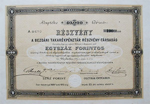 Bezdáni Takarékpénztár Részvénytársaság részvény 100 forint 1887 Bezdán