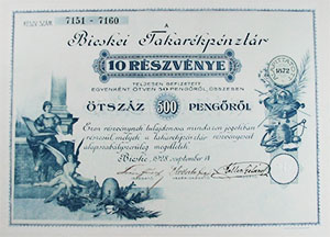 Bicskei Takarékpénztár Részvénytársaság részvény 10x50 500 pengő 1928 Bicske