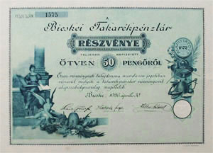 Bicskei Takarékpénztár Részvénytársaság részvény 50 pengő 1926