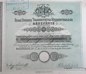 Bihar-Diószegi Takarékpénztár Részvénytársaság részvény 100 korona 1905 Bihardiószeg
