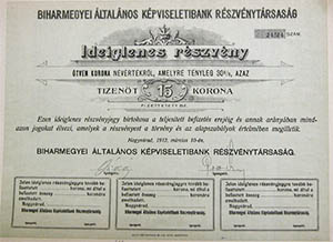 Biharmegyei Általános Képviseletibank Részvénytársaság ideiglenes részvény 15 korona 1912 Nagyvárad