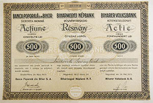 Biharmegyei Népbank Részvénytársaság részvény 500 lei 1923 Nagyvárad