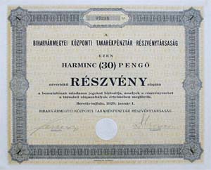 Biharvármegyei Központi Takarékpénztár Részvénytársaság részvény 30 pengő 1929 Berettyóújfalu