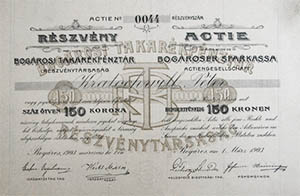 Bogárosi Takarékpénztár Részvénytársaság részvény 150 korona 1903 Bogáros