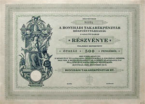 Bonyhádi Takarékpénztár Részvénytársaság részvény 500 pengő 1930 KNER MINTA