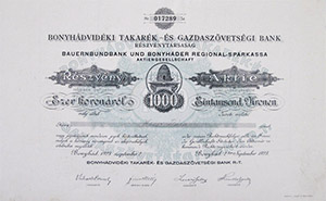 Bonyhádvidéki Takarék- és Gazdaszövetségi Bank Részvénytársaság részvény 1000 korona 1923