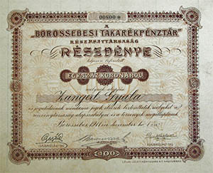 Borossebesi Takarékpénztár Részvénytársaság részvény 100 korona 1911 Borossebes
