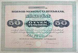 Borsod-Miskolczi Hitelbank részvény 50 pengő 1927 Miskolc