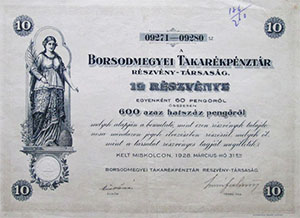 Borsodmegyei Takarékpénztár Részvénytársaság 600 pengő 1928 Miskolc