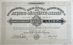 Brassói Népbank Részvénytársaság részvény 25x125 3125 lei  1927 Brassó