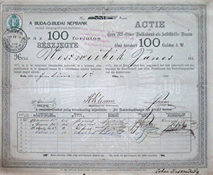 Buda-Óbudai Népbank mint Önsegélyző Intézet részjegy 100 forint 1869