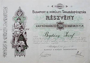 Budapest III. Kerületi Takarékpénztár Részvénytársaság részvény 200 korona 1911