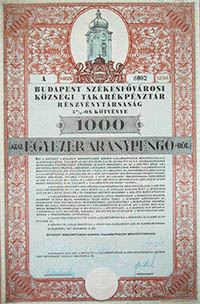 Budapest Székesfővárosi Községi Takarékpénztár  Részvénytársaság kötvény 1000 aranypengő 1937