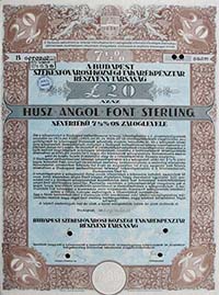 Budapest Székesfővárosi Községi Takarékpénztár  Részvénytársaság záloglevél 20 font 1930