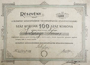 Budapest Székesfővárosi Takarékpénztár Részvénytársaság  részvény 100 korona 1900