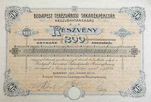 Budapest Terézvárosi Takarékpénztár Részvénytársaság részvény 200 korona 1909