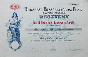 Budapest-Erzsébetvárosi Bank Részvénytársaság  részvény 200 korona 1906