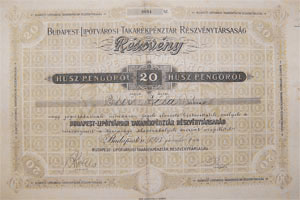 Budapest-Lipótvárosi Takarékpénztár Részvénytársaság részvény 20 pengő 1927