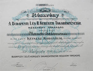 Budapest I. és II. Kerületi Takarékpénztár Részvénytársaság részvény 200 korona 1910