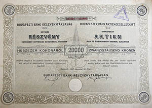 Budapesti Bank Részvénytársaság részvény 20000 korona 1922