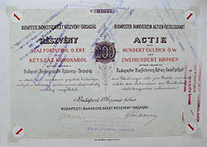 Budapesti Bankegyesület Részvénytársaság részvény 100 forint 200 korona 1895
