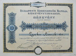 Budapesti Kereskedők Bankja Részvénytársaság részvény 200 korona 1907