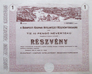 Budapesti Kisipari Hitelintézet Részvénytársaság részvény 10 pengő 1928