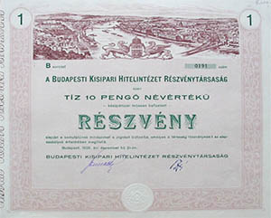 Budapesti Kisipari Hitelintézet Részvénytársaság részvény 10 pengő 1926