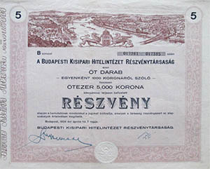 Budapesti Kisipari Hitelintézet Részvénytársaság részvény 5x1000 5000 korona 1924