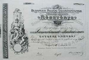 Budapesti Polgári Takarékpénztár Részvénytársaság részvény 100 korona 1906