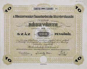 Büdszentmihályi Takarékpénztár Részvénytársaság részvény 10x100 1000 pengő 1930