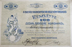 Buziási Takarékpénztár Részvénytársaság részvény 100 korona 1910 Buziásfürdő